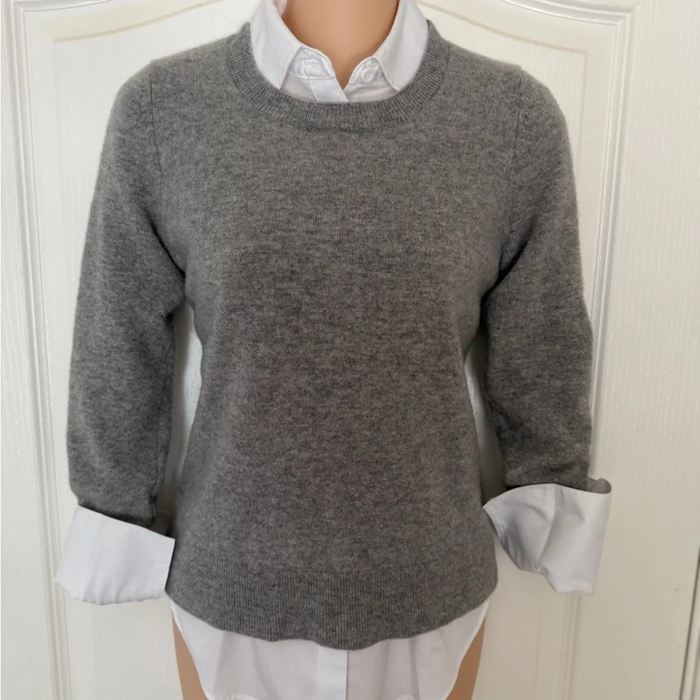 Gray Wool Crew Neck 100% Wool Fitted Pullover Sweater, Size XS